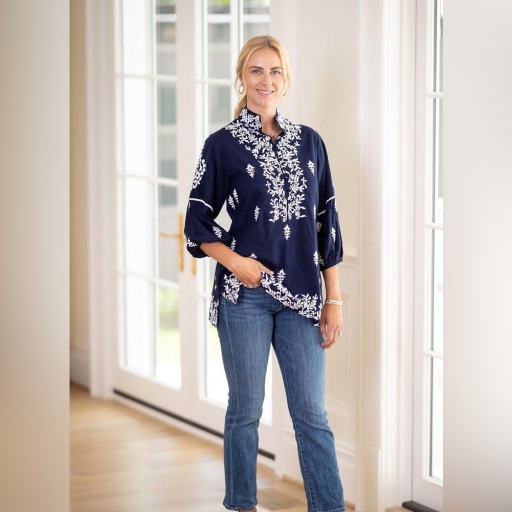 Sue Sartor L Chic Navy Blue Tunic with White Embroidery-Mughal Bangalore